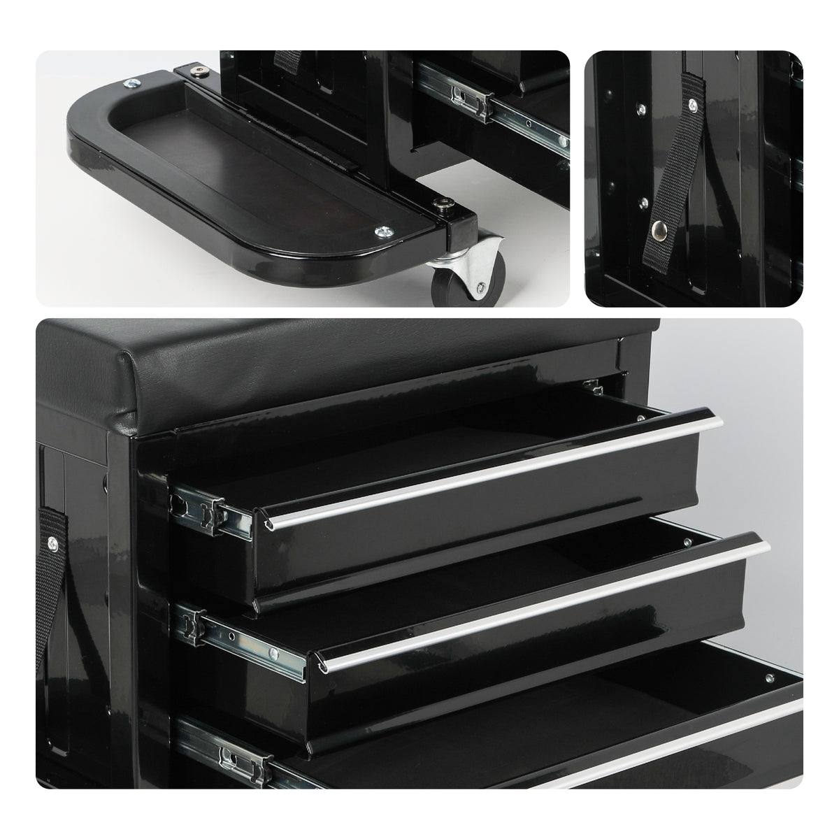 3-Drawer Tool Chest Rolling Mechanic Seat with Tool Trays, 350lbs Max Weight Capacity, Black