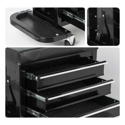 3-Drawer Tool Chest Rolling Mechanic Seat with Tool Trays, 350lbs Max Weight Capacity, Black