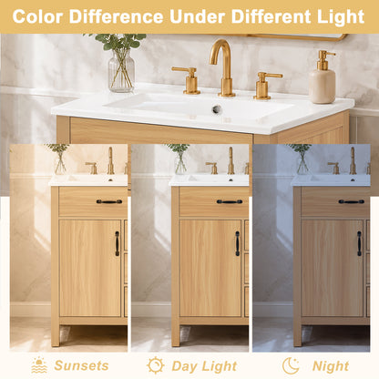 24 Inch Modern Traditional Bathroom Vanity with Ceramic Sink, MDF Cabinet & Solid Wood Legs, Black Zinc Alloy Handles, Wood Grain Melamine Finish