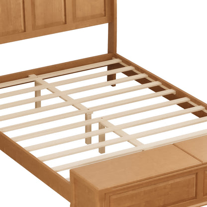 Queen Bed Frame with Tall Headboard and Storage Bench,Soild Wood Sleigh Bed with 64" Storage Chest,No Box Spring Needed, Natural