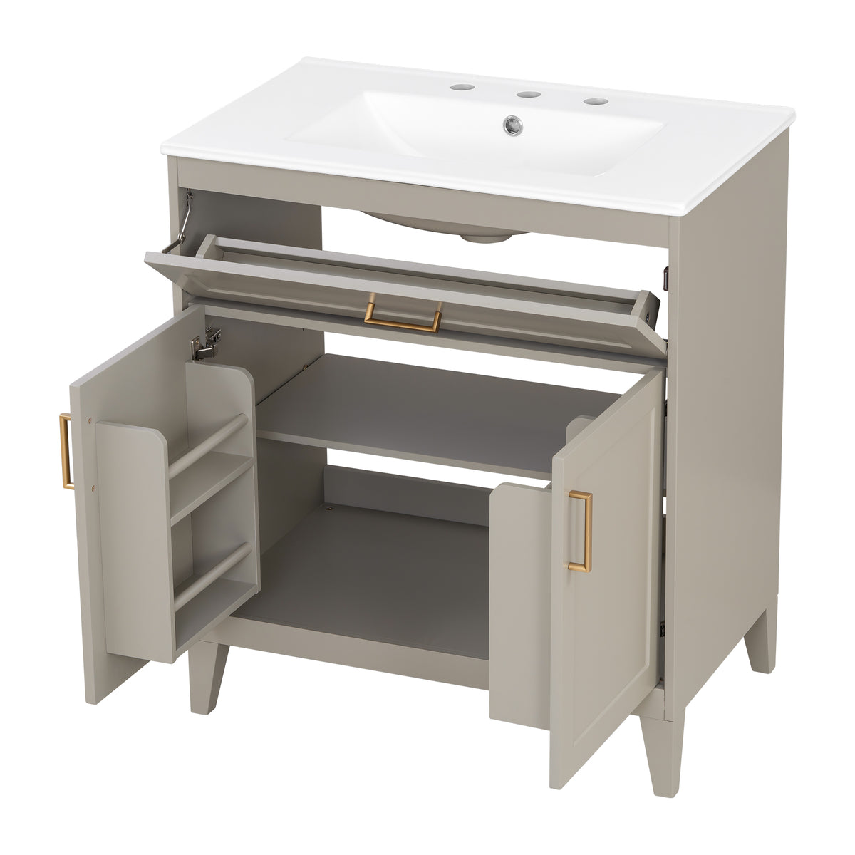 [Video] 30" Bathroom Vanity with Ceramic Sink Top, Solid Wood Legs, Soft-Close Double Doors & Tip-Out Drawer, Adjustable Interior Shelf, Door-mounted Organizers, Beige