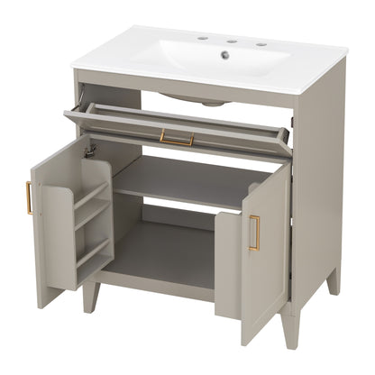 [Video] 30" Bathroom Vanity with Ceramic Sink Top, Solid Wood Legs, Soft-Close Double Doors & Tip-Out Drawer, Adjustable Interior Shelf, Door-mounted Organizers, Beige