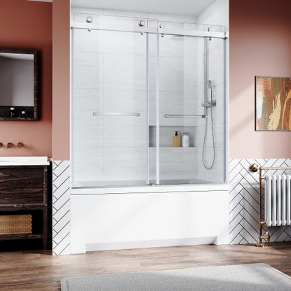 Brushed Nickel 56-60 in.W x 62 in.H 1/4"(6mm) Frameless Sliding Bathtub Door Bypass Tub Glass Sliding Shower Doors Clear Tempered Glass,Heavy Duty Stainless Steel Hardwares 2pcs Rectangle Handles,