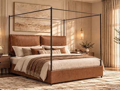 Queen Canopy Bed Frame,  Faux Leather Upholstered Bed with Metal Frame, Four Poster Platform Bed, No Box Spring Needed, Rustic Brown
