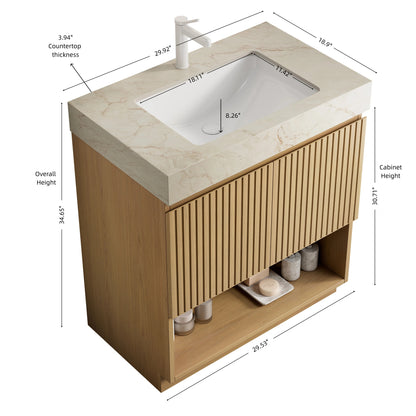 FINO 30" Bathroom Vanity&Sink,Freestanding Cabinet,Cream Gold Vein Sintered Stone Top&Ceramic Basin with 1 Pre-drilled Faucet Hole, Disassembled, Faucet & Drain Excluded, Corolla Oak Woodgrain Color