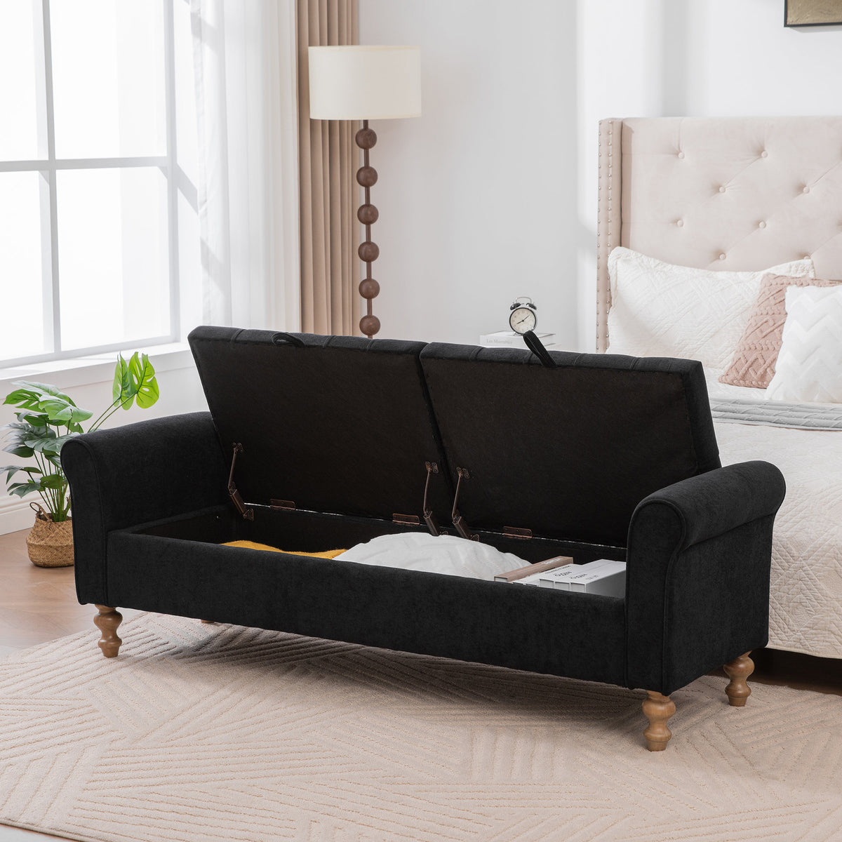 65.75" Wide Modern Upholstered  Storage Bench With Double Lids, Napped fabric Foot Stool With Rolled Armrest, Bench Daybed With Rubberwood Legs For Living Room, Entryway, Dormitory, Bedroom,Black
