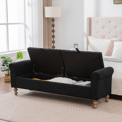 65.75" Wide Modern Upholstered  Storage Bench With Double Lids, Napped fabric Foot Stool With Rolled Armrest, Bench Daybed With Rubberwood Legs For Living Room, Entryway, Dormitory, Bedroom,Black