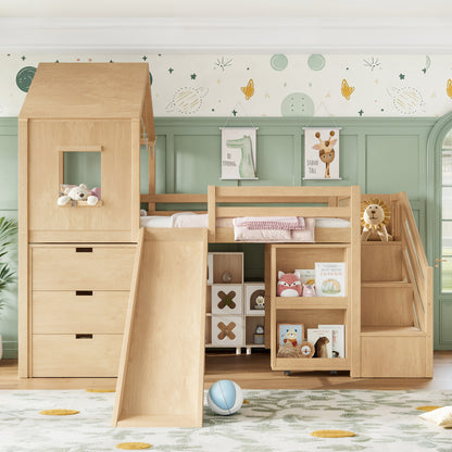Twin Playhouse Loft Bed with Integrated Storage Drawers, Open Stair Shelves & Pull Out Desk, Kids Low House Loft Bed with Slide and Play Window, Natural