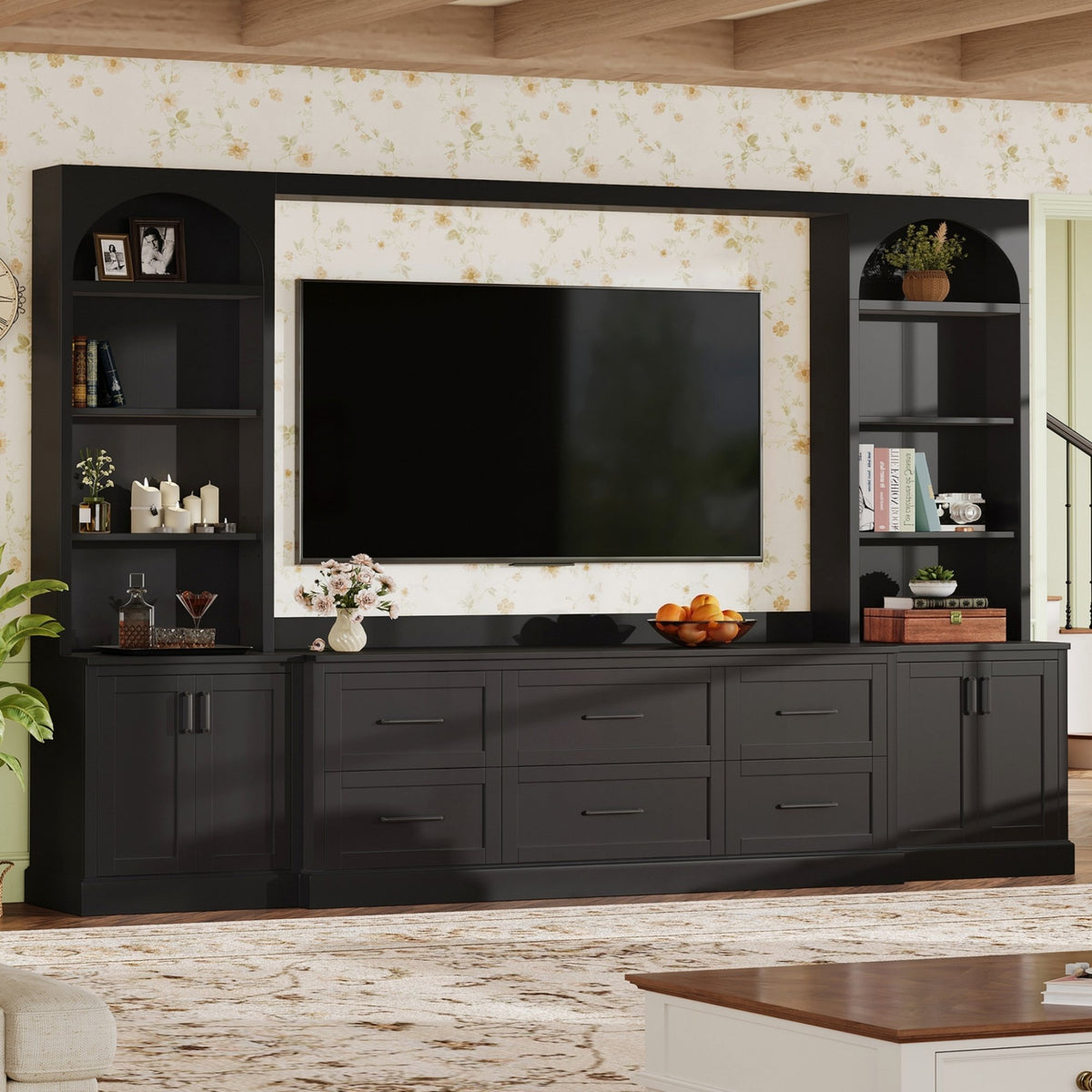 Modern Arched Entertainment Center Wall Unit with 6 Drawers, Farmhouse Large TV Stand with Bookshelves for TVs Up to 70', All-in-One Media Console with Adjustable Shelves for Living Room, Black