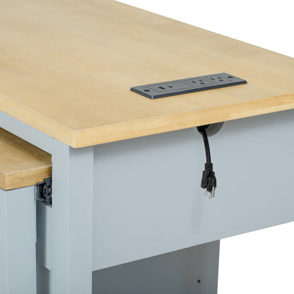 K&K 47 inch Kitchen Island with Extendable Dining Table, Rubber Wood Veneer Kitchen Table with Internal Storage Rack, Power Outlet