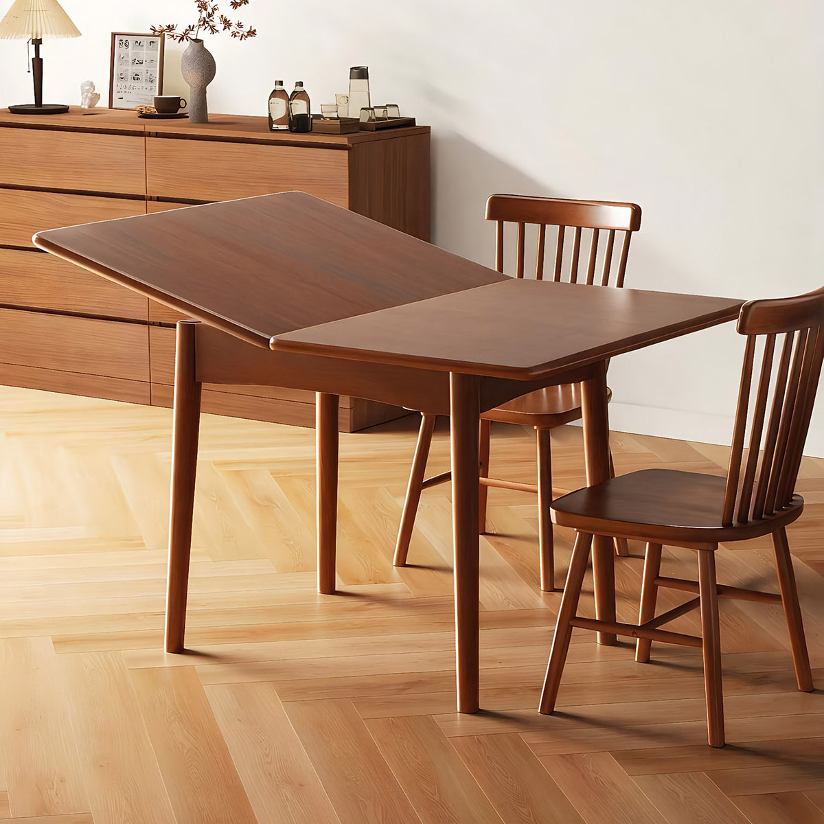 Foldable Extendable Dining Table, Solid Rubber Wood Kitchen Table with Drop Leaf, Mid-Century Rectangular Expandable Dinner Table for Small Spaces, Walnut Finish