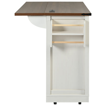 K&K 53.7" Farmhouse Kitchen Island with Power Outlet, 2 Sliding Barn Door Kitchen Storage Island with Drop Leaf – Model N707S170347W