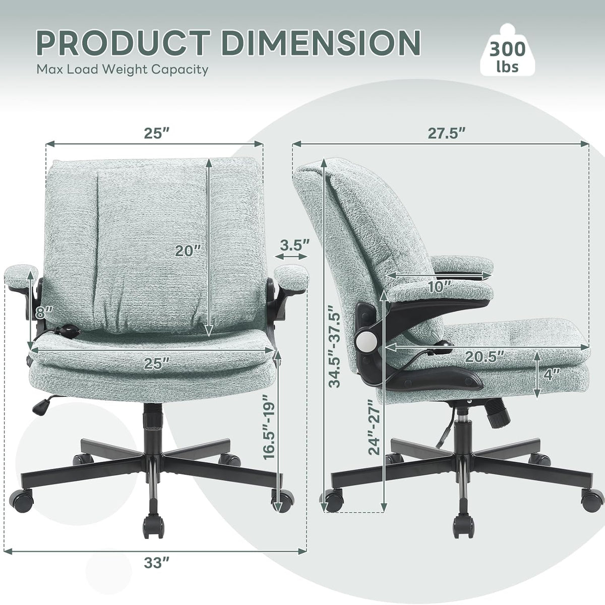 Criss Cross Legged Office Chair with Flip-Up Back Built-In Dynamic Airbag Lumbar Support, Wide Seat Desk Chair with Flip-Up Arms and Wheels, Modern Cross-Leg Chair for Home Office, Vanity, Light Green