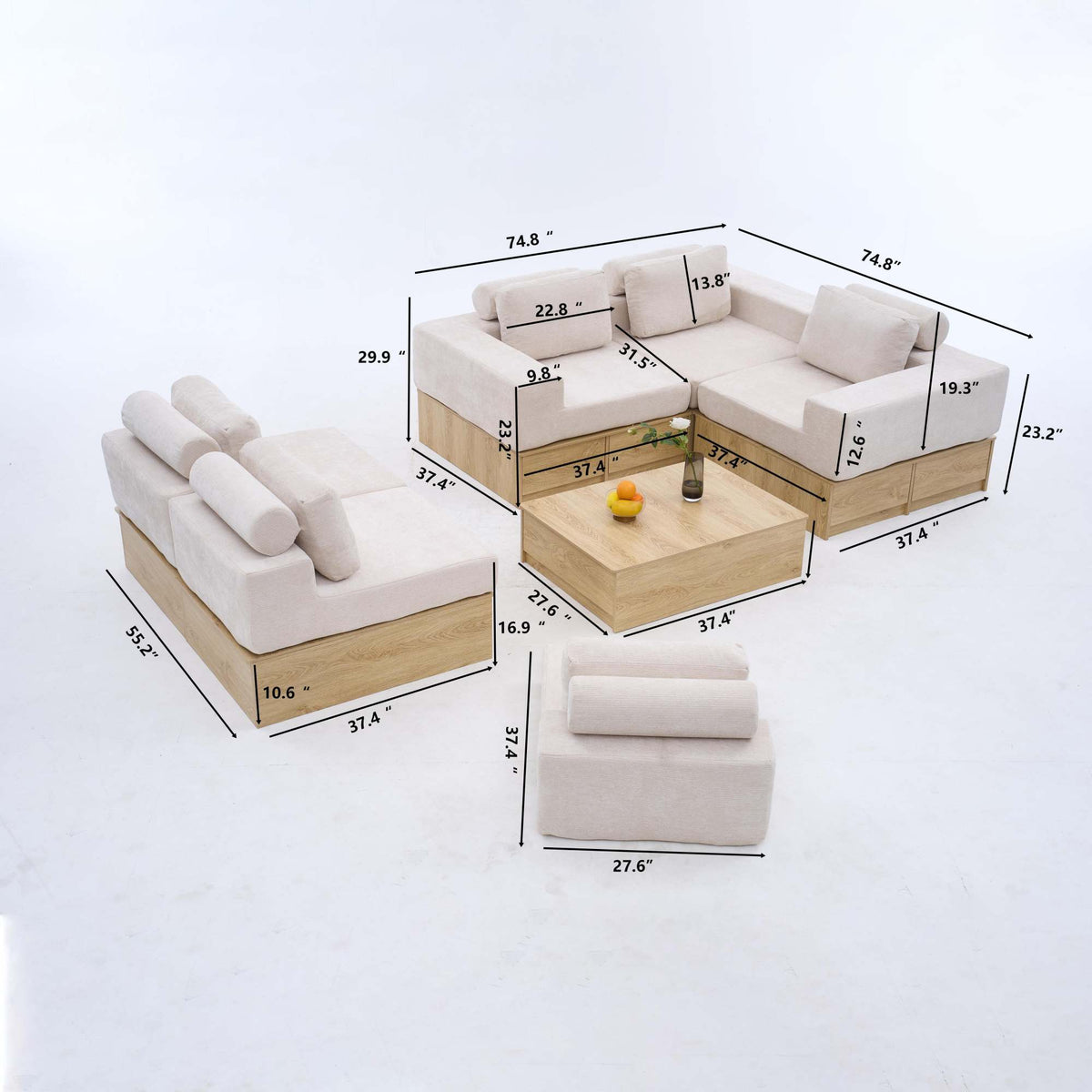 6-seat Modular Sectional Sofa with Storage Drawers, Multi-Functional L-Shaped Couch with Built-In Cabinet Base and Center Table Design, Convertible Combination Sofa Set, Modern Upholstered Sofa