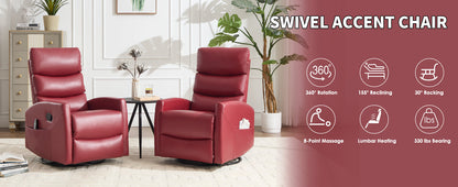 Heat Massage Manual Recliner Chair with Rocker and Swivel in Fabric, Red