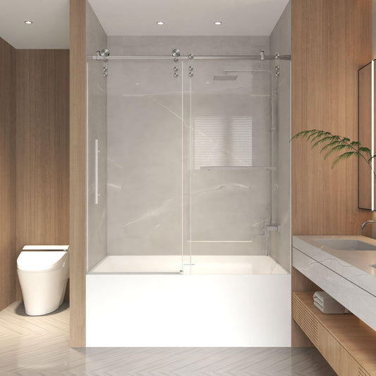 Frameless Sliding Bathtub Door 56-60' x 66' H, 8mm Clear Tempered Glass with Brushed Nickel Stainless Steel Frame