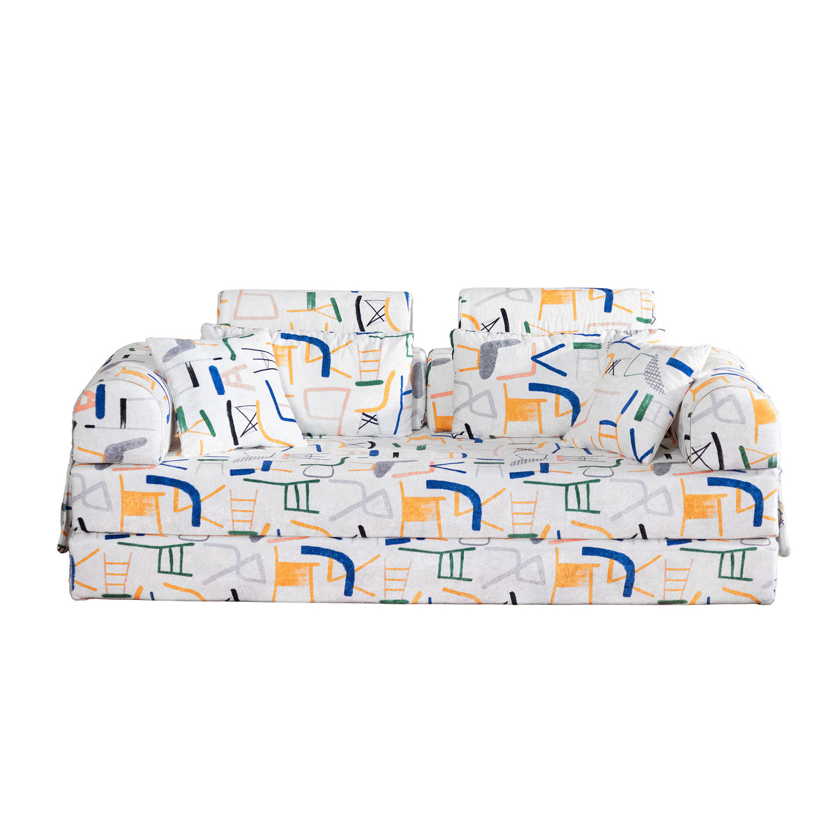 Abstract Line Printed Convertible Sleeper Sofa Bed High Density Compressed Sponge Foldable Multi-functional Upholstered Couch for Living Room Hotel Apartment