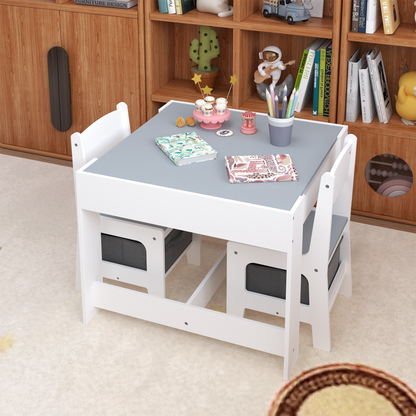 Kids Table and Chair Set, 3-in-1 Wooden Activity Table with Storage Drawer for Toddlers Drawing, Reading, Crafts, 2-in-1 Detachable Top in White+Gray MDF