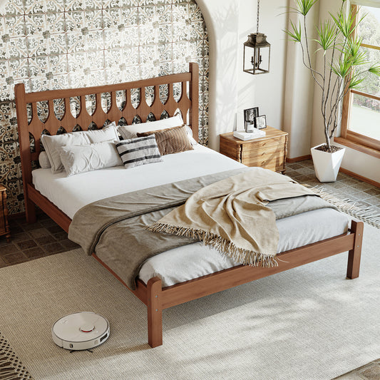 Full Size Bamboo Platform Bed with Diamond-shaped headboard, Solid Bamboo-made Bed Frame with Support Slats, for Bedroom, Guest Rooms, Brown