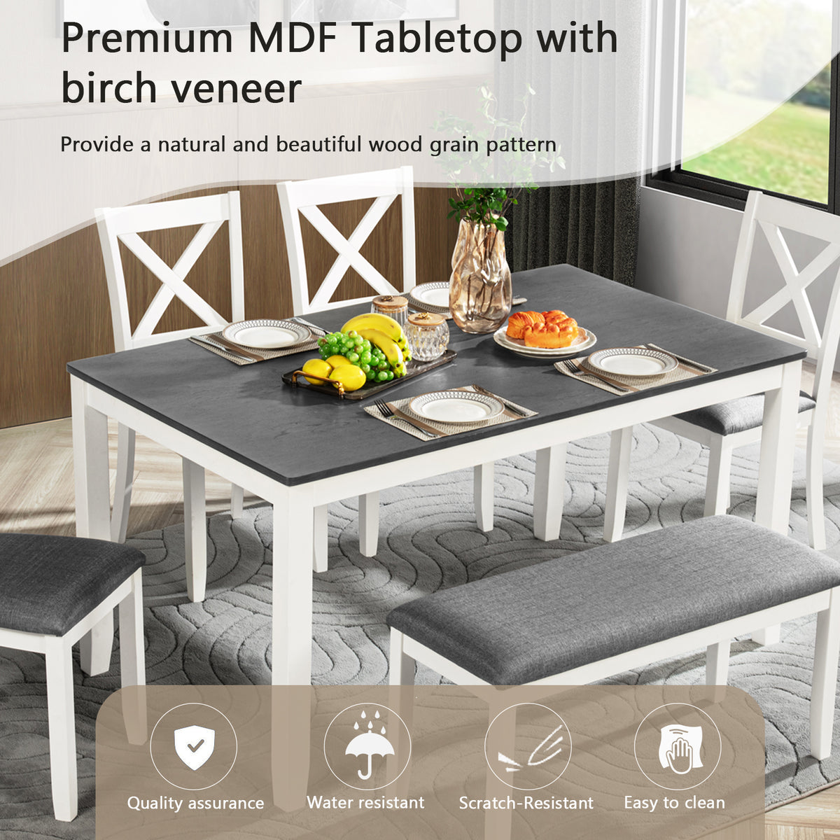 Modern 6-Piece Dining Table Set with Bench and Chairs for Dining Room or Kitchen - Grey & White Two-Tone