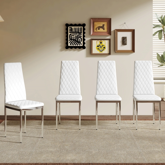 Modern White PU Dining Chairs Set of 4 - Diamond Quilted High Back Design with Silver Chrome Metal Legs, Essential for Minimalist Homes, High Comfort & Affordability, Perfect for Kitchen,W1151107273