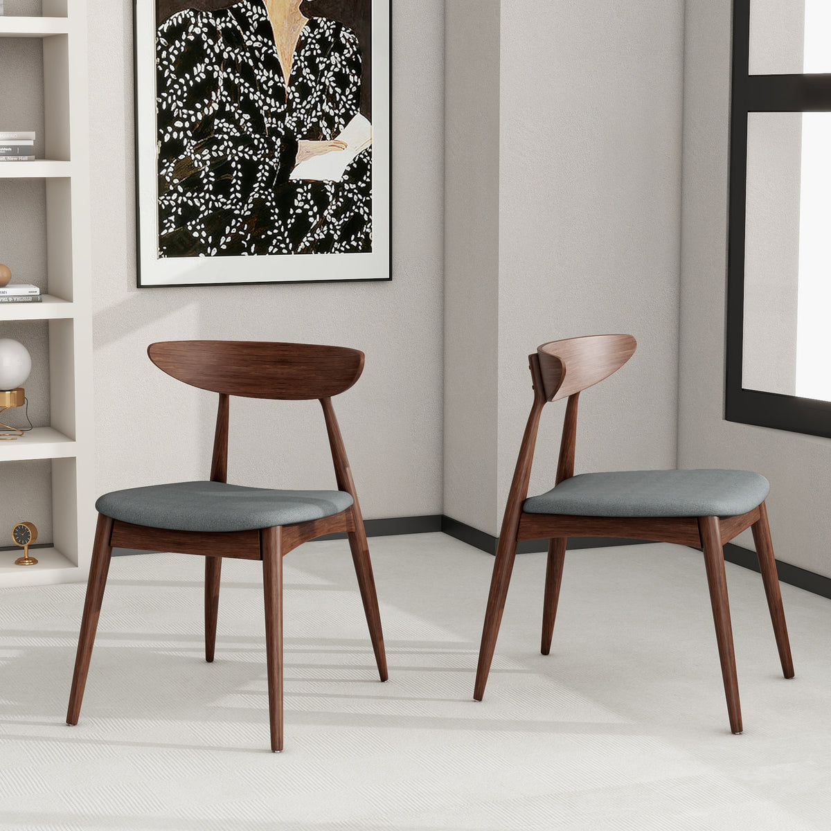 Set of 2 Retro Rubberwood Dining Chairs with Ergonomic Back & Plush Cushions in Walnut and Light Gray, Solid Rubberwood Frame with TSCA-Certified Foam Seats