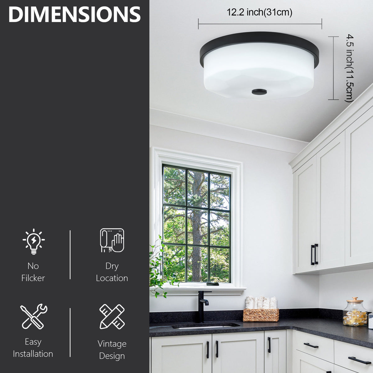 Wavy White Shade LED Flush Mount Ceiling Light 12.2 Inch, Dimmable with Remote Control, Black Rim Indoor Lamp for Entry Kitchen Bedroom