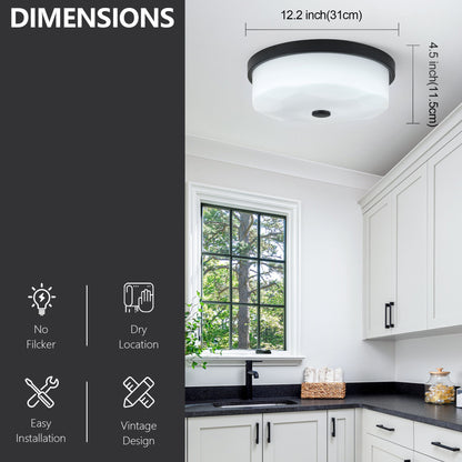 Wavy White Shade LED Flush Mount Ceiling Light 12.2 Inch, Dimmable with Remote Control, Black Rim Indoor Lamp for Entry Kitchen Bedroom
