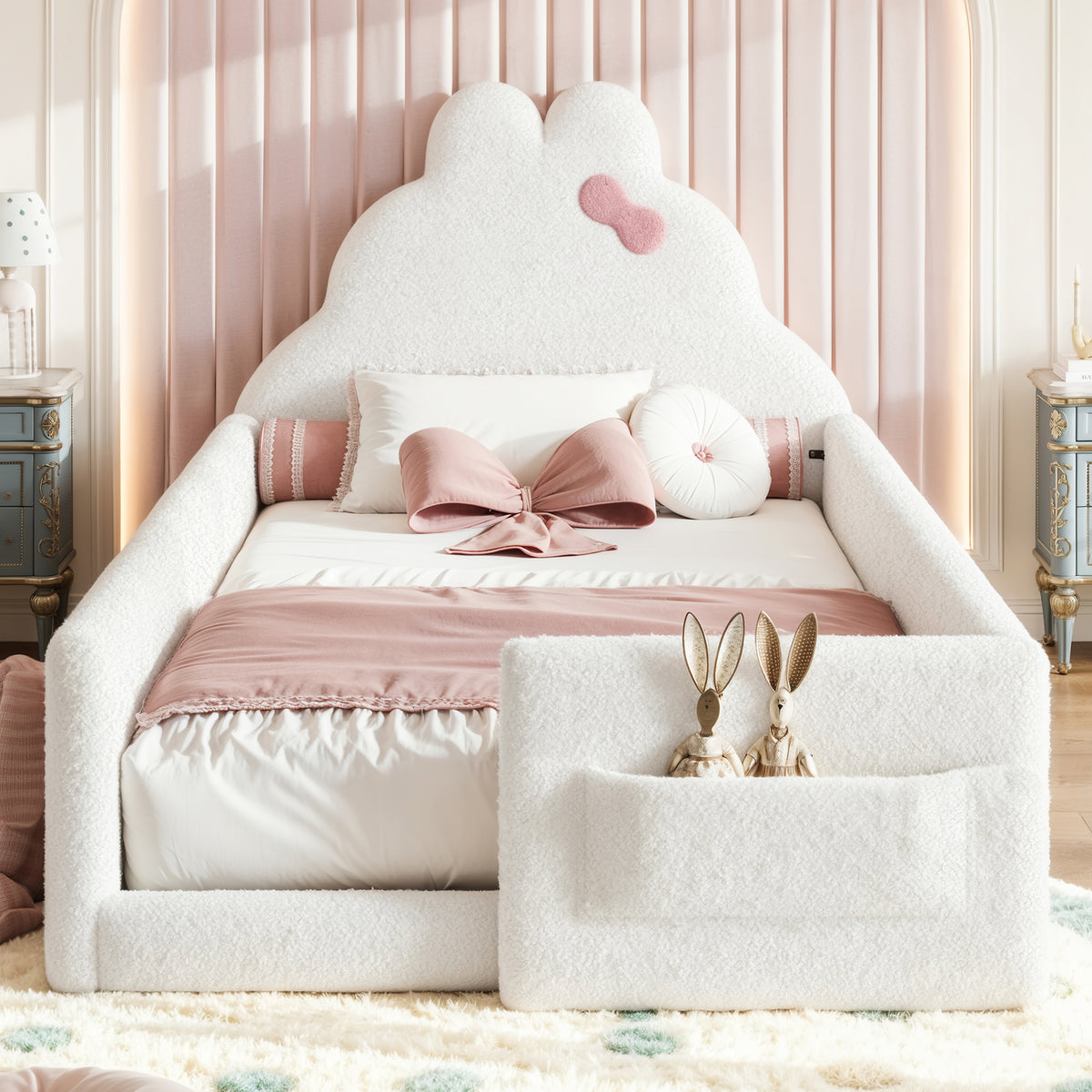 Twin Size Upholstered Floor bed, LowtoGround floor bed, Soft Padded Upholstered Kids bed, Safe Children Bed Frame with Side Storage Pocket for Kids.White