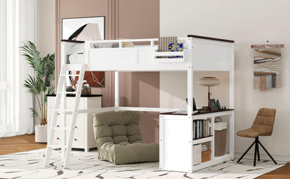 White Queen Size Loft Bed with Desk, Open Shelf, Storage Box and USB Charging Station, Pine+MDF