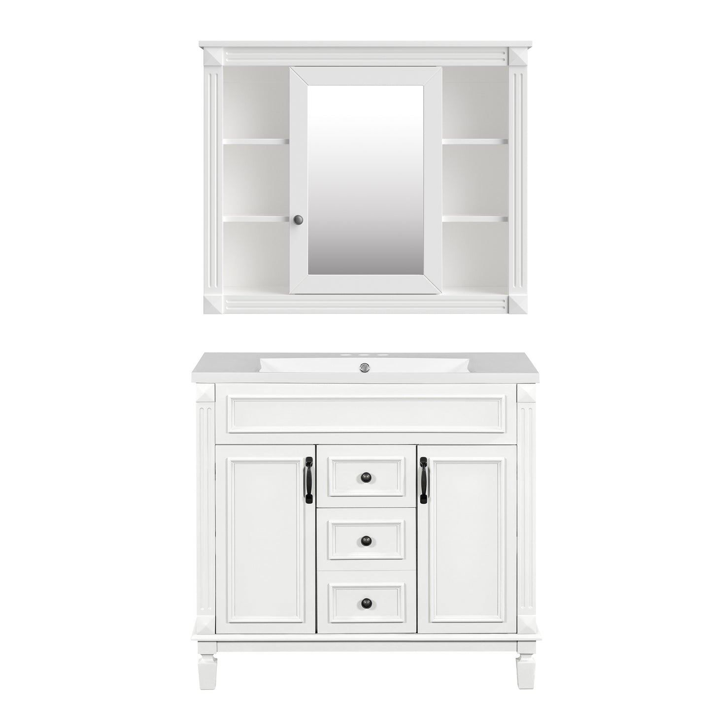Modern 36'' Bathroom Vanity with Top Sink, Mirror Cabinet, White Solid Wood+MDF Storage Cabinet with 2 Soft-Closing Doors and 2 Drawers
