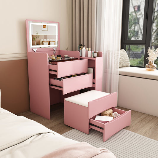 3-in-1 Flip Mirror Vanity Desk with Lights & Storage, Makeup Dressing Table with Adjustable LED, Side Sliding Tray and Stool, Space-Saving Furniture for Bedroom(Pink)