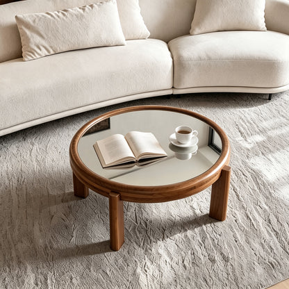 33.46' Round Coffee Table with Silver Mirrored Top, Solid Wood Frame & Cylindrical Legs, Mid-Century Retro Honey Oak Cocktail Table for Living Room