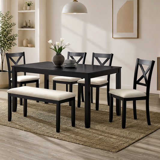 6-Piece Dining Table Set for 6, Black Farmhouse Kitchen Table with Upholstered X-Back Chairs & Bench, Solid Wood Rectangular Dinette Set with Padded Seats for Dining Room, Apartment, Black
