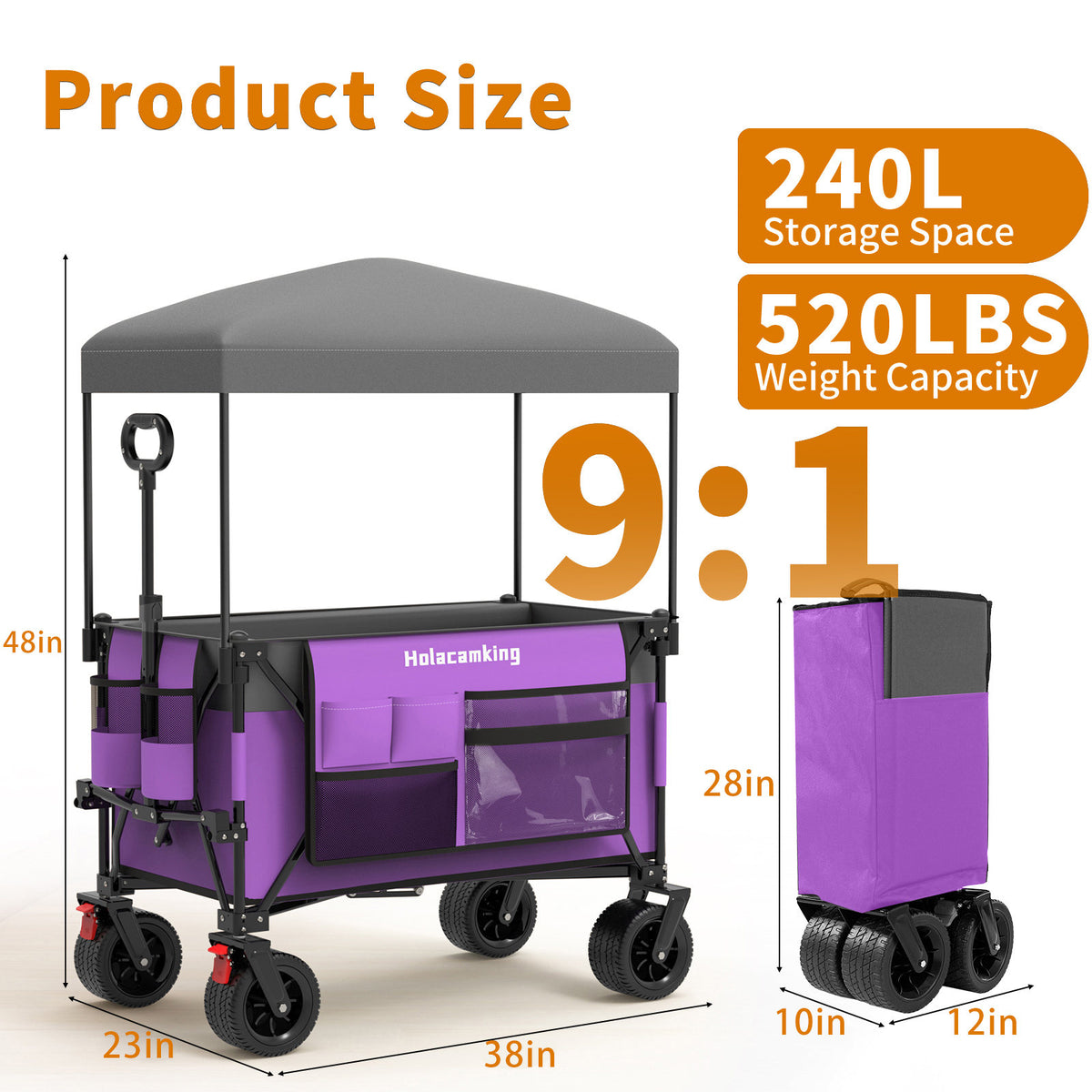 Multi-Functional Pull Folding Wagon Cart with Flexible Handle & Canopy, Heavy Duty Utility Cart with 7"x4" All-Terrain Wheels for Camping, Transport, Groceries, Sports, 520LBS/240L, Purple