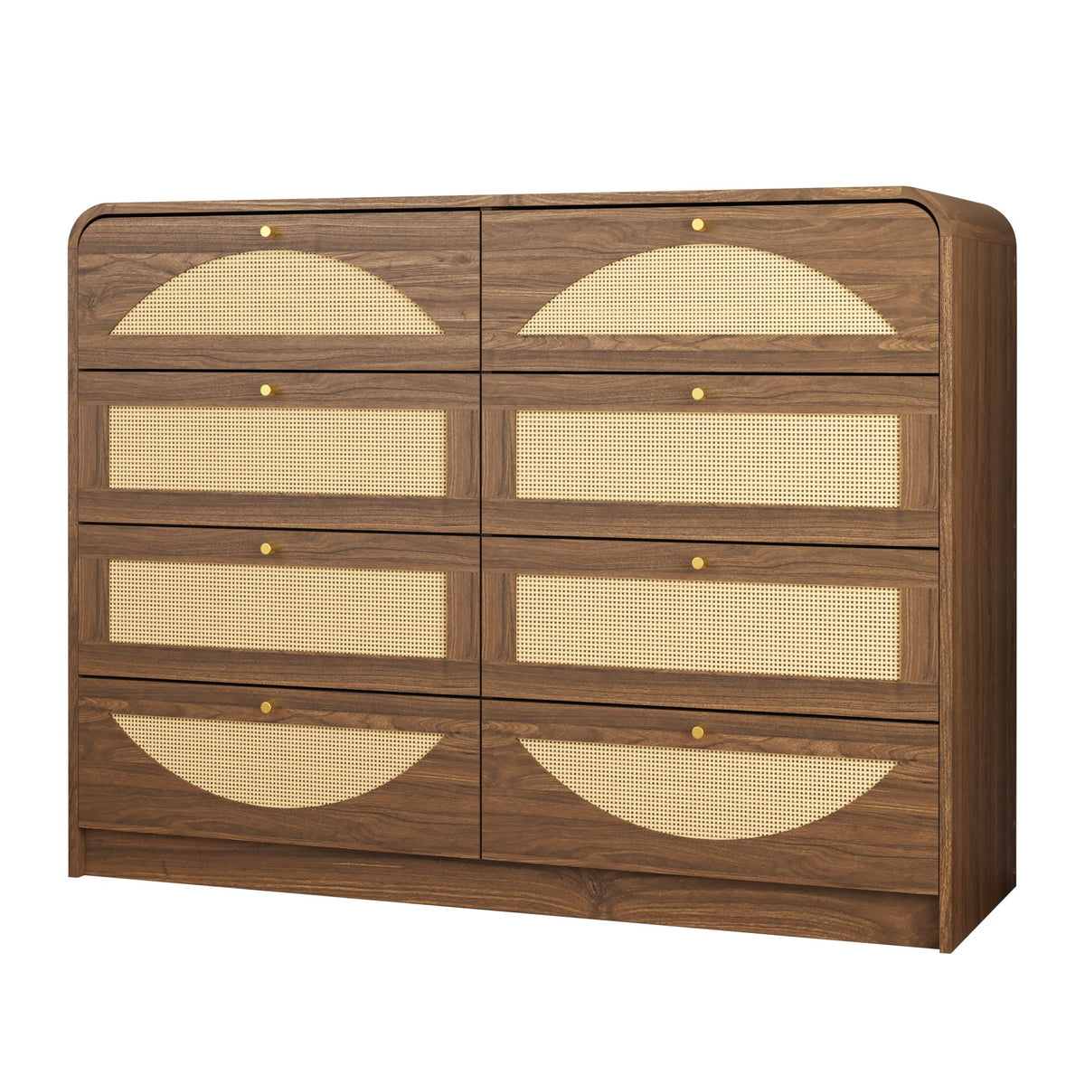 Walnut Finish 8‑Drawer Dresser with Rattan Front, Wide Particle Board Chest of Drawers, Modern Wooden Storage Cabinet