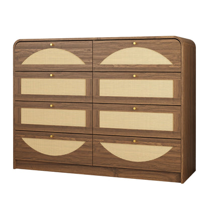 Walnut Finish 8‑Drawer Dresser with Rattan Front, Wide Particle Board Chest of Drawers, Modern Wooden Storage Cabinet