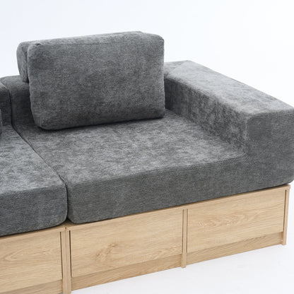 6-seat Modular Sectional Sofa with Storage Drawers, Multi-Functional L-Shaped Couch with Built-In Cabinet Base and Center Table Design, Convertible Combination Sofa Set, Modern Upholstered Sofa