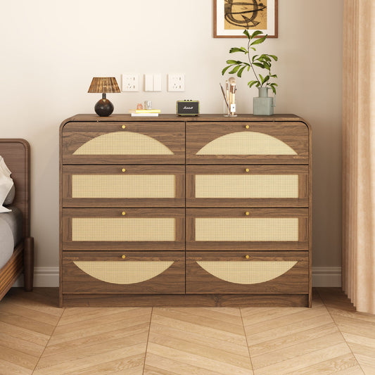 Walnut Finish 8‑Drawer Dresser with Rattan Front, Wide Particle Board Chest of Drawers, Modern Wooden Storage Cabinet