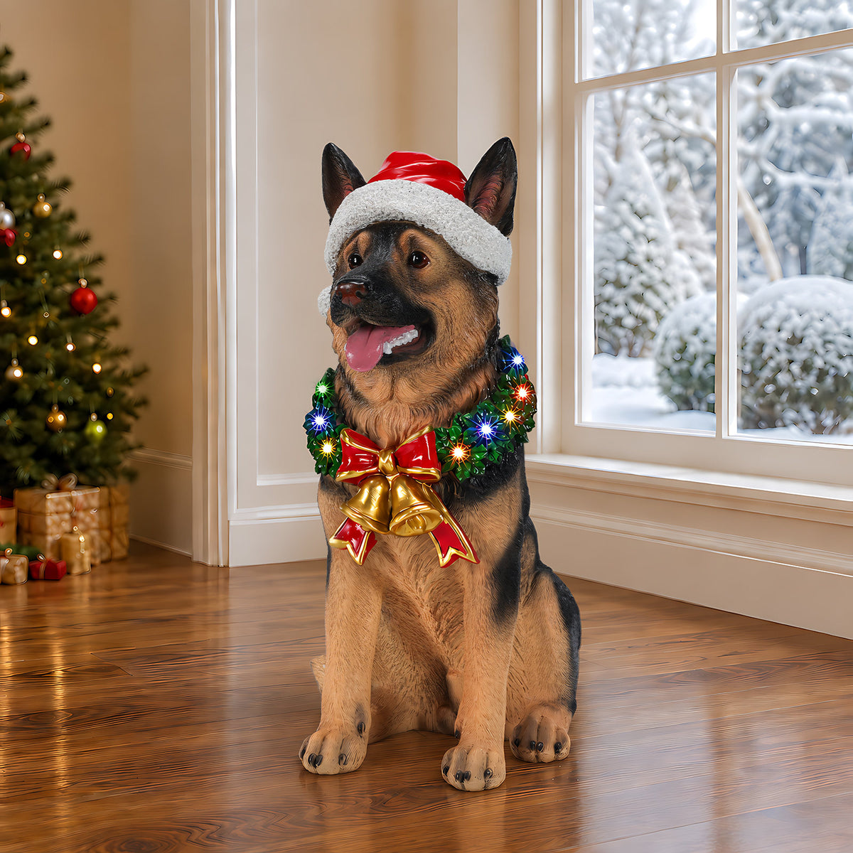 Lighted Christmas German Shepherd Dog Statue, Santa Hat Puppy Figurine with LED Wreath and Bells