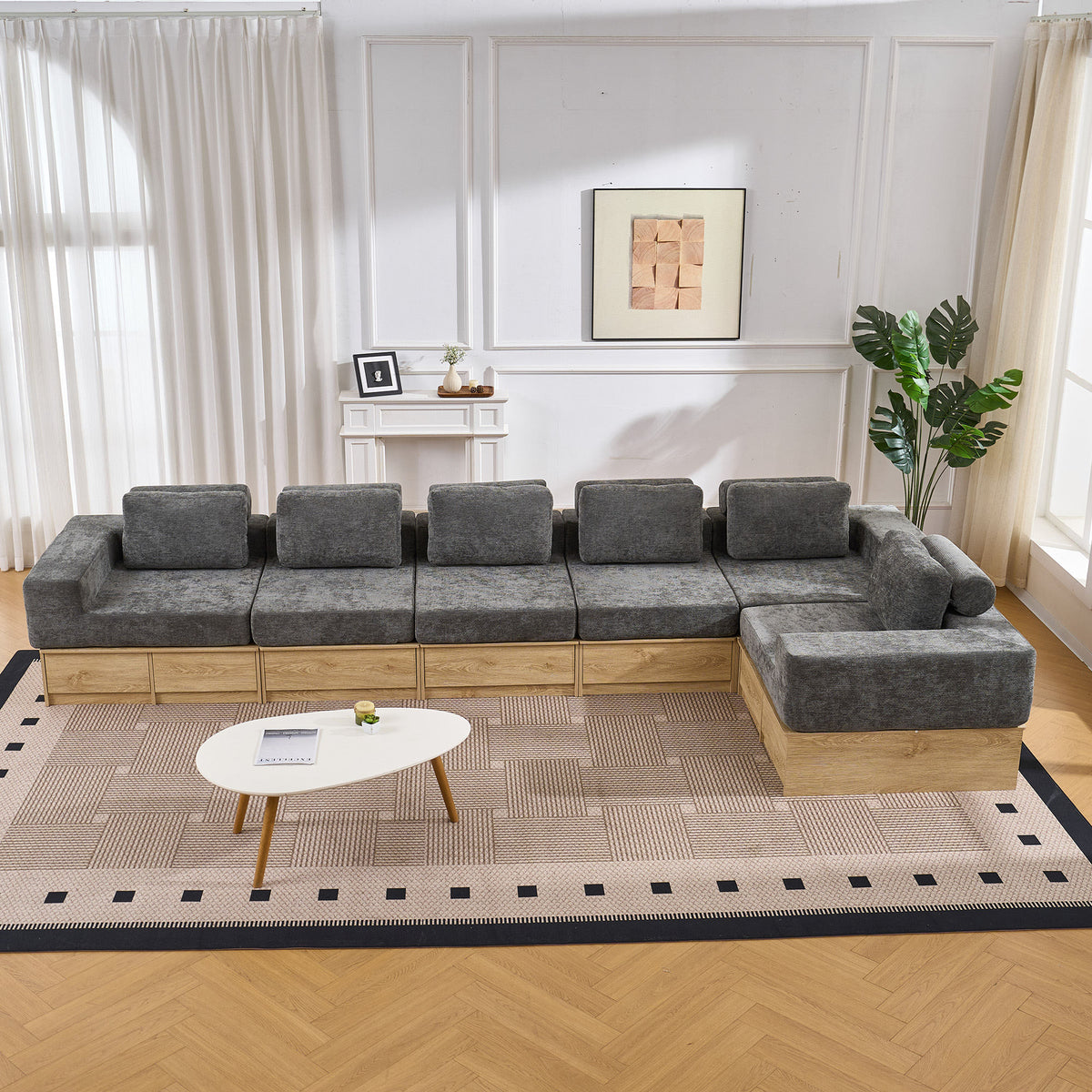 6-seat Modular Sectional Sofa with Storage Drawers, Multi-Functional L-Shaped Couch with Built-In Cabinet Base and Center Table Design, Convertible Combination Sofa Set, Modern Upholstered Sofa