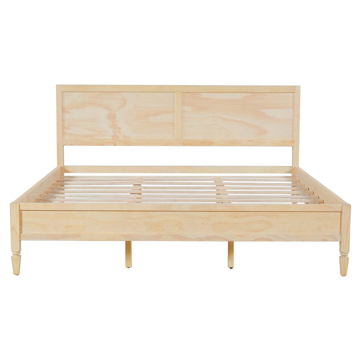 King Size Wood Platform Bed Frame with Classic Panel Headboard, Natural Finish, Solid Wood and MDF Construction, 10 Wooden Slats, No Box Spring Needed