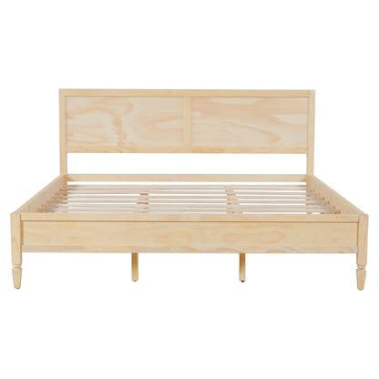 King Size Wood Platform Bed Frame with Classic Panel Headboard, Natural Finish, Solid Wood and MDF Construction, 10 Wooden Slats, No Box Spring Needed