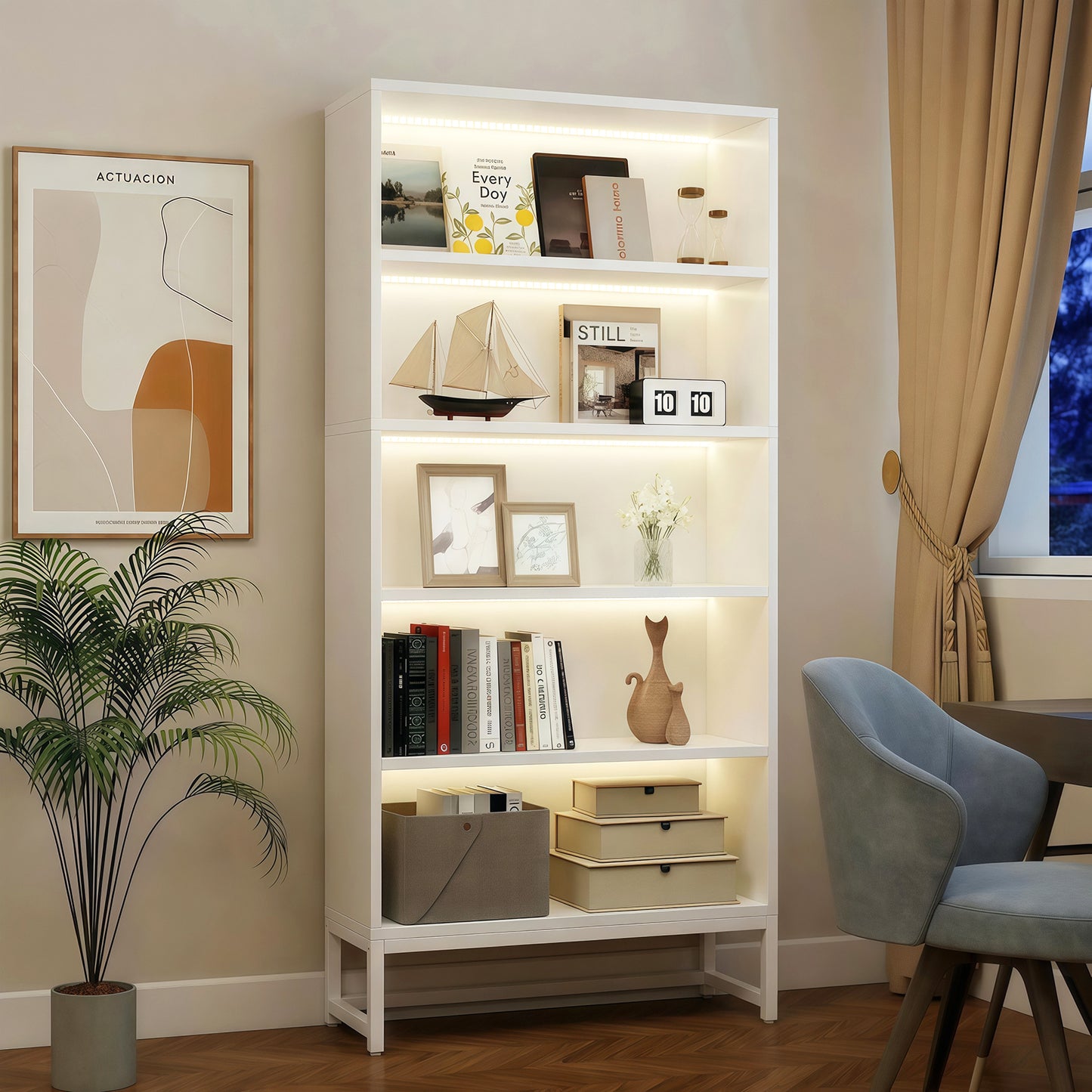 Tall Bookcase with LED Lights, 5 Tier Bookshelf with Storage, Heavy Duty Wood Bookshelf with Adjustable Lighting, Freestanding Display Cabinet for Living Room, Bedroom, Home Office, Study Room(White)