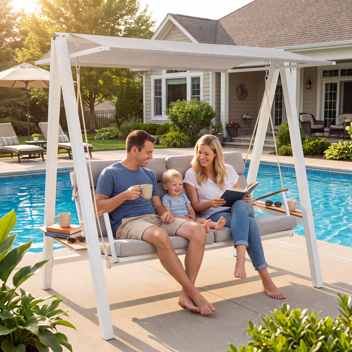 Outdoor Patio 3 seaters Metal Swing Chair Swing bed with Cushion and Adjustable Canopy Champagne Color