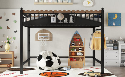 Queen Size Loft Bed with Ladders, Metal Loft Bed with Storage Shelves and bookshelf, No Box Spring Needed and Chic Design, Black