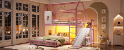 Twin over Full Playhouse Metal Bunk Bed with Slide & Ladder, House Shaped Bunk Bed with LED Light Strip, Privacy Curtain, Movable Storage Cabinet and Hanging Rod, Twin over Full Kids Bunk Bed , Pink