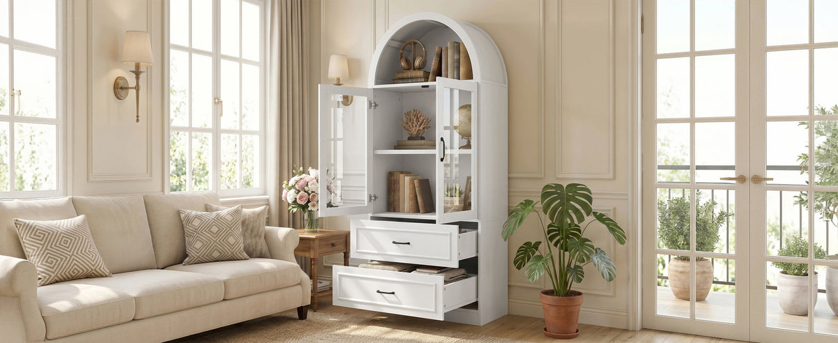 [Video] Modern Minimalist Arched Top Storage Cabinet with Tempered Glass Doors, Fixed 2-Tier Shelves, 2 Large Drawers, Soft Close Hinges & Exquisite Metal Handles, White