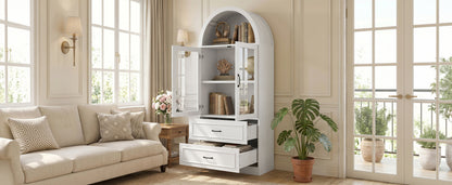 [Video] Modern Minimalist Arched Top Storage Cabinet with Tempered Glass Doors, Fixed 2-Tier Shelves, 2 Large Drawers, Soft Close Hinges & Exquisite Metal Handles, White