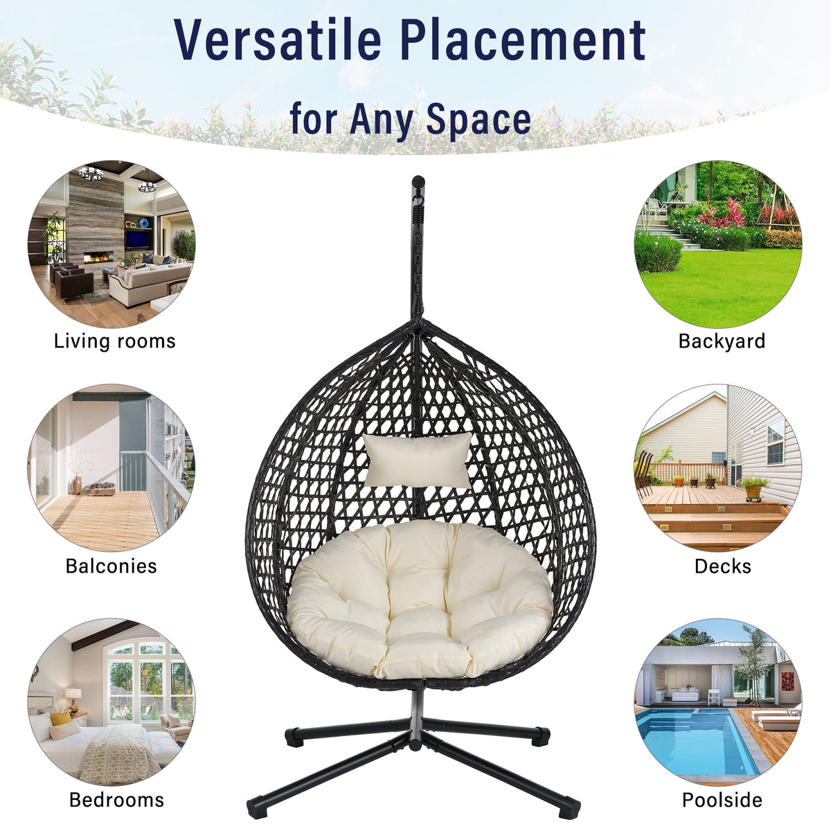 U_STYLE Sturdy Hammock Chair with Stand, Durable Hanging Egg Chair with Rattan Weaving ,Comfortable Indoor Outdoor Swing  chairs with Soft Removable Cushion,Suitable for Balcony, Bedroom,or Garden